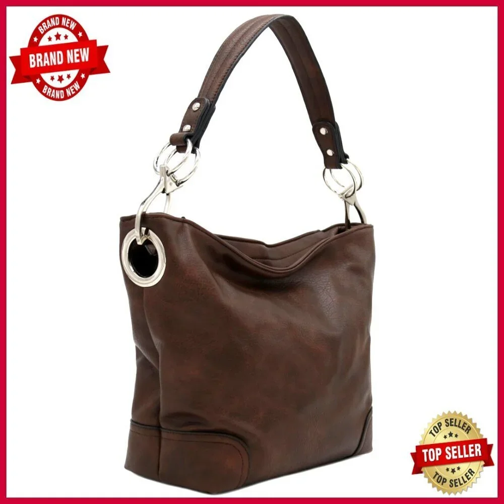 Large Faux Leather Hobo Bag with Snap Hook Hardware, Zipper Pockets
